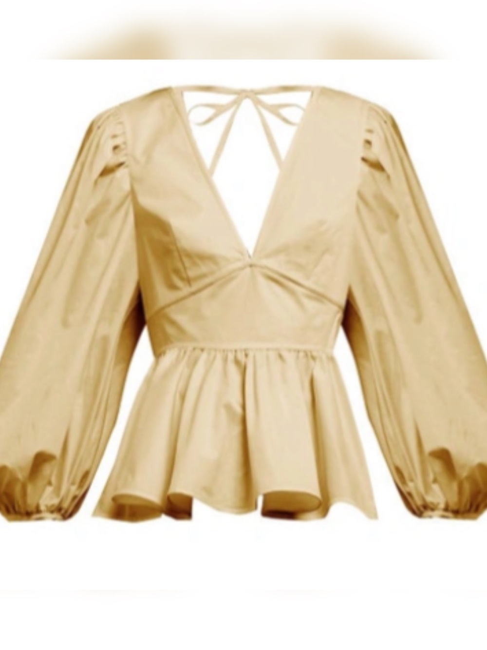 NWOT | STAUD LUNA V-Neck Tie-Back Peplum Blouse in Beige